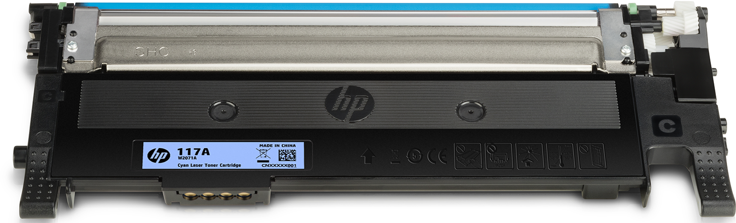 HP 117A cyan laser toner cartridge. Blue and black cartridge with HP logo.