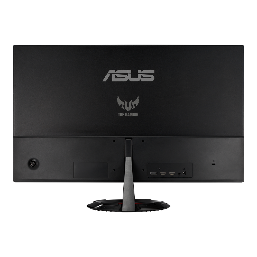 ASUS logosu olan siyah bir bilgisayar monitörünün arka görünümü.