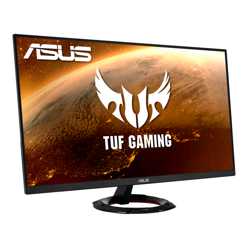 ASUS TUF Gaming monitörü, kıvrımlı ekranlı, ateşli bir gökyüzü ile bir manzara sergiliyor.