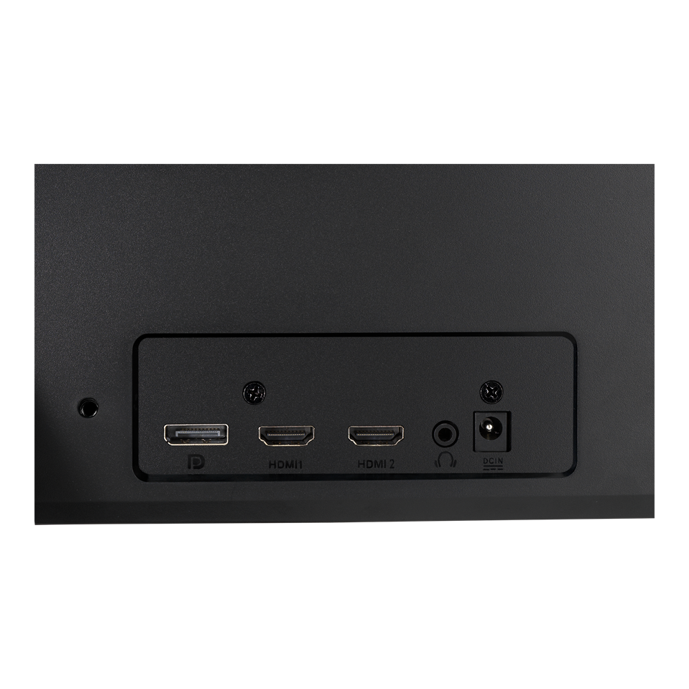 DVI, HDMI 1 ve 2, kulaklık jakı ve DC girişi portlarına sahip siyah bir monitörün arkası. Siyah zemin.