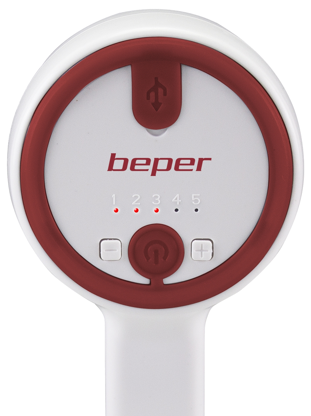 Fehér és piros kézi készülék beeper logóval, USB porttal és teljesítményszintjelzőkkel.