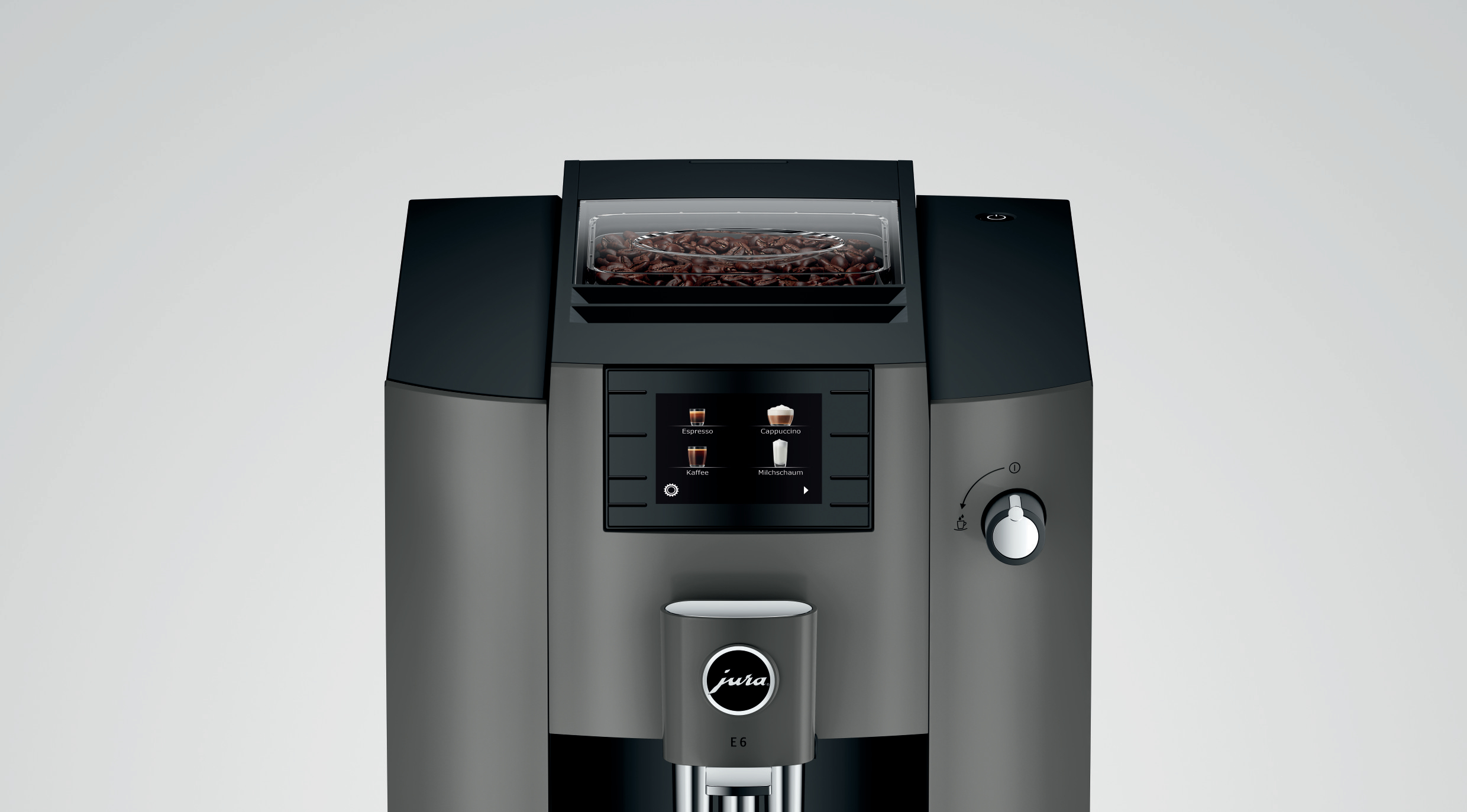 Graue Kaffeemaschine mit Touchscreen und Bohnenbehälter.