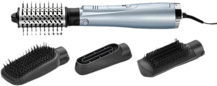 Coiffeur avec trois accessoires : brosse, buse et peigne.