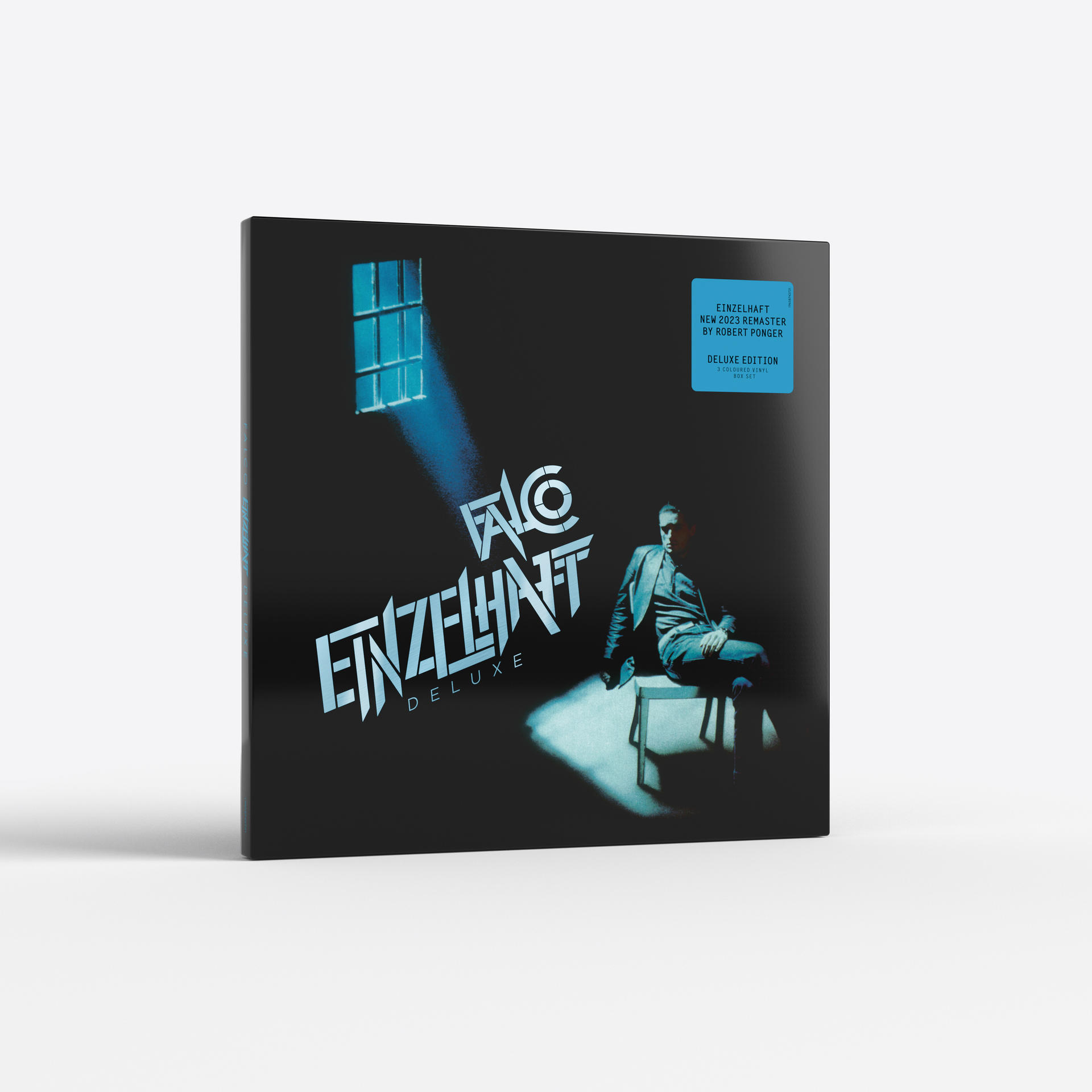 Albumcover mit sitzendem Mann, blau beleuchtetem Fenster und dem Titel 'EINZELHAFT'.