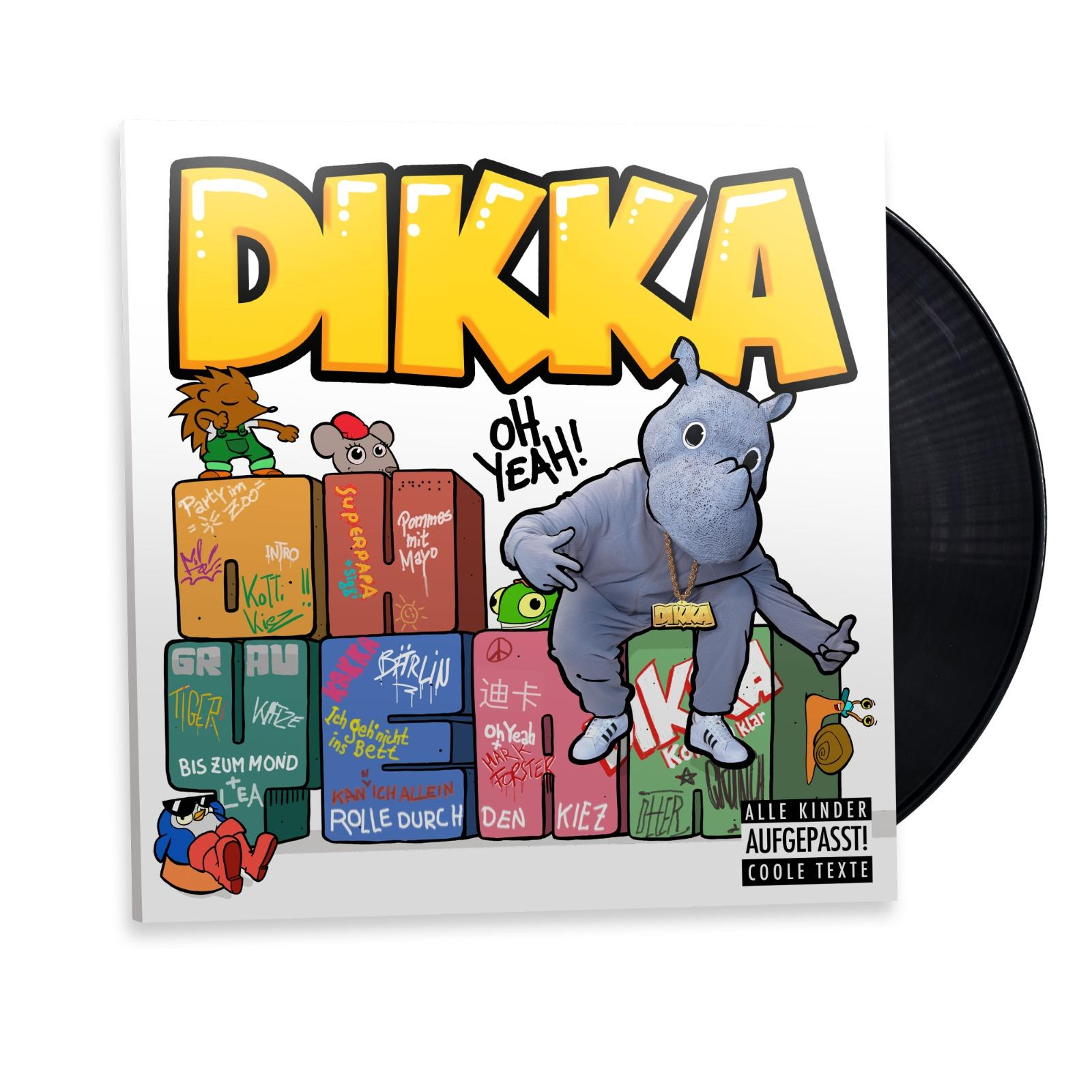 Albumcover mit einer Cartoonfigur und Text auf weißem und farbenfrohem Hintergrund.