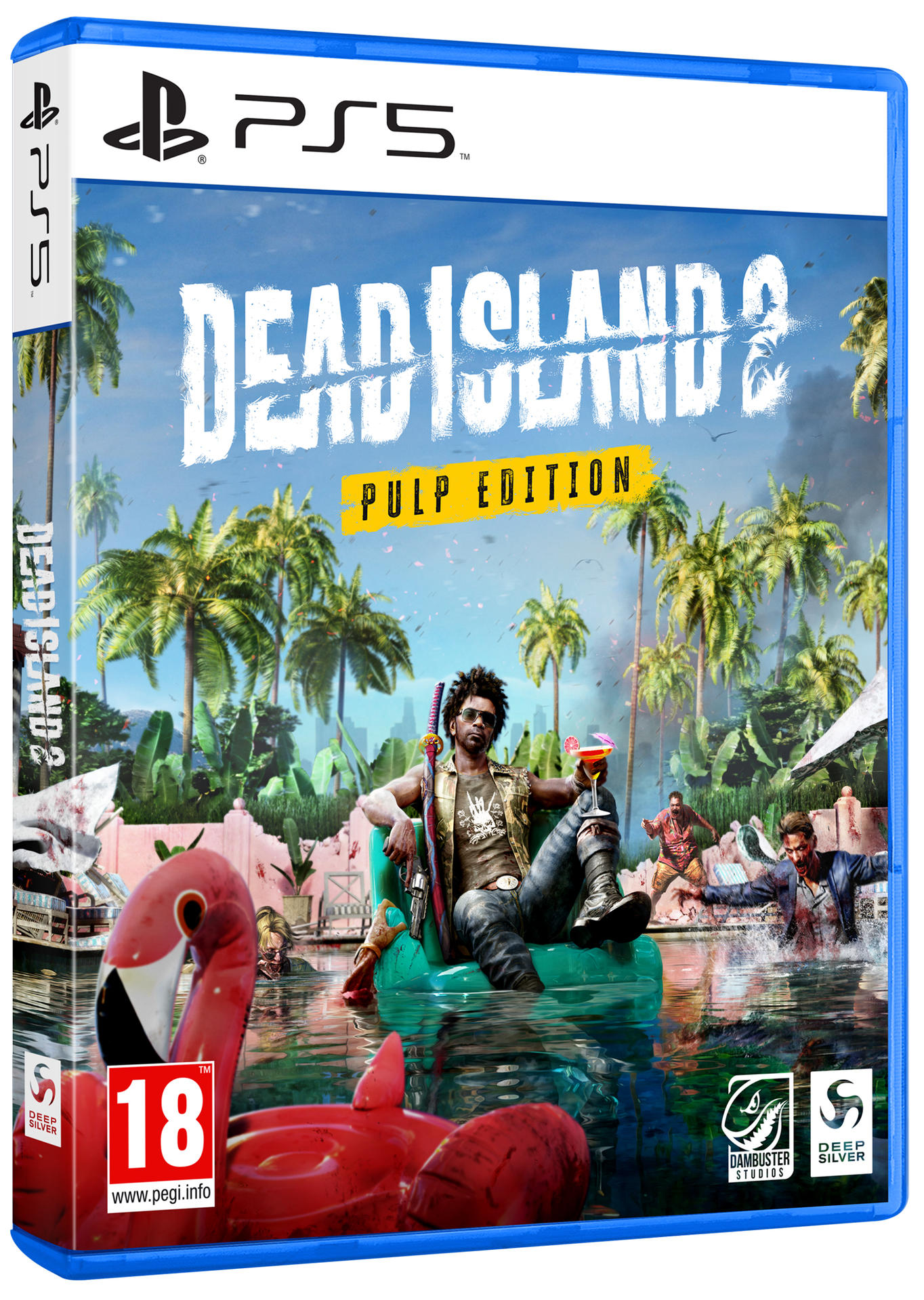 Eine PS5-Spielbox für Dead Island 2, mit einer tropischen Strandszene. Palmen und ein Pool.