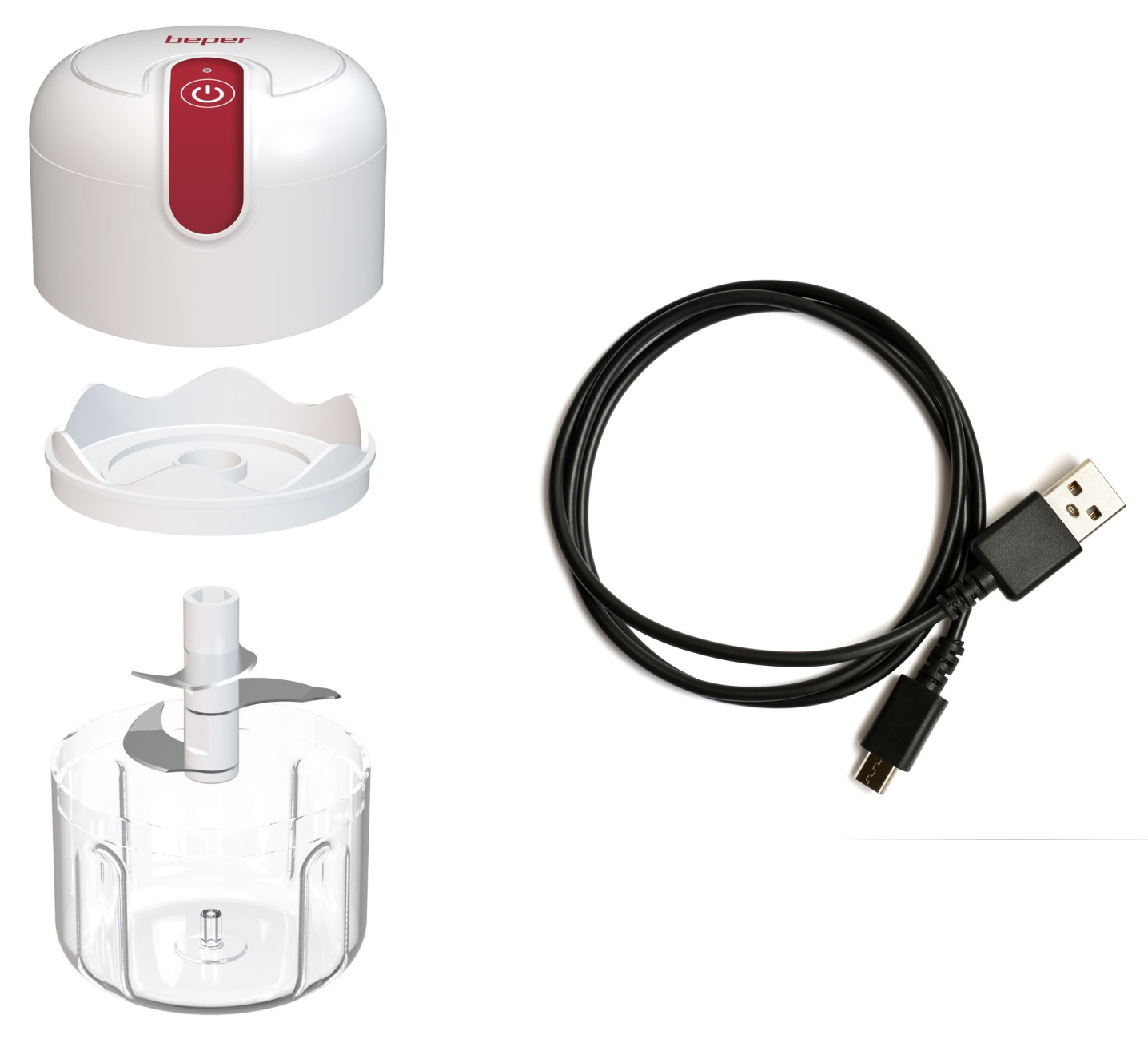 Fehér és piros mini ételaprító alkatrészekkel, fekete USB-kábellel fehér háttér előtt.