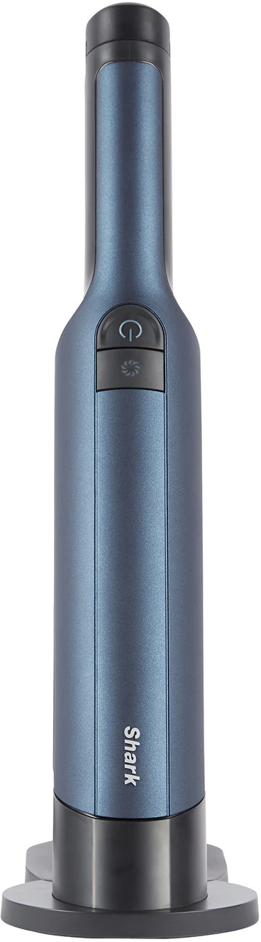 Un aspirateur vertical de couleur vert-bleu foncé, présenté sur fond blanc.