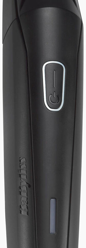 Black electric shaver with power button, and logo. The device is on a white background.