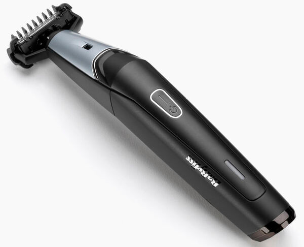 Black and silver beard trimmer. It has a blade and a power button.