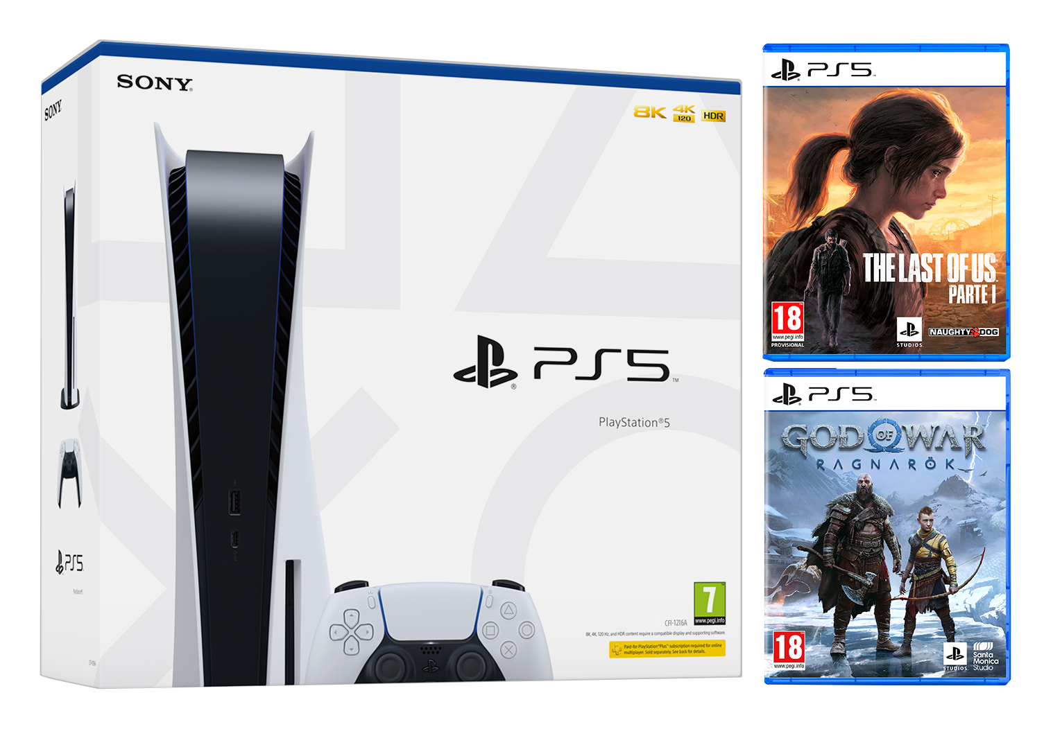 Juego de caja de PlayStation 5 con consola, mando y dos carátulas de juegos. 8K HDR.