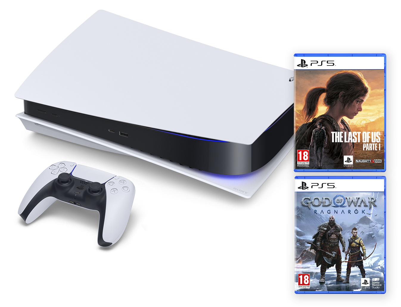 Consola PlayStation 5, un mando y dos carcasas de juegos.