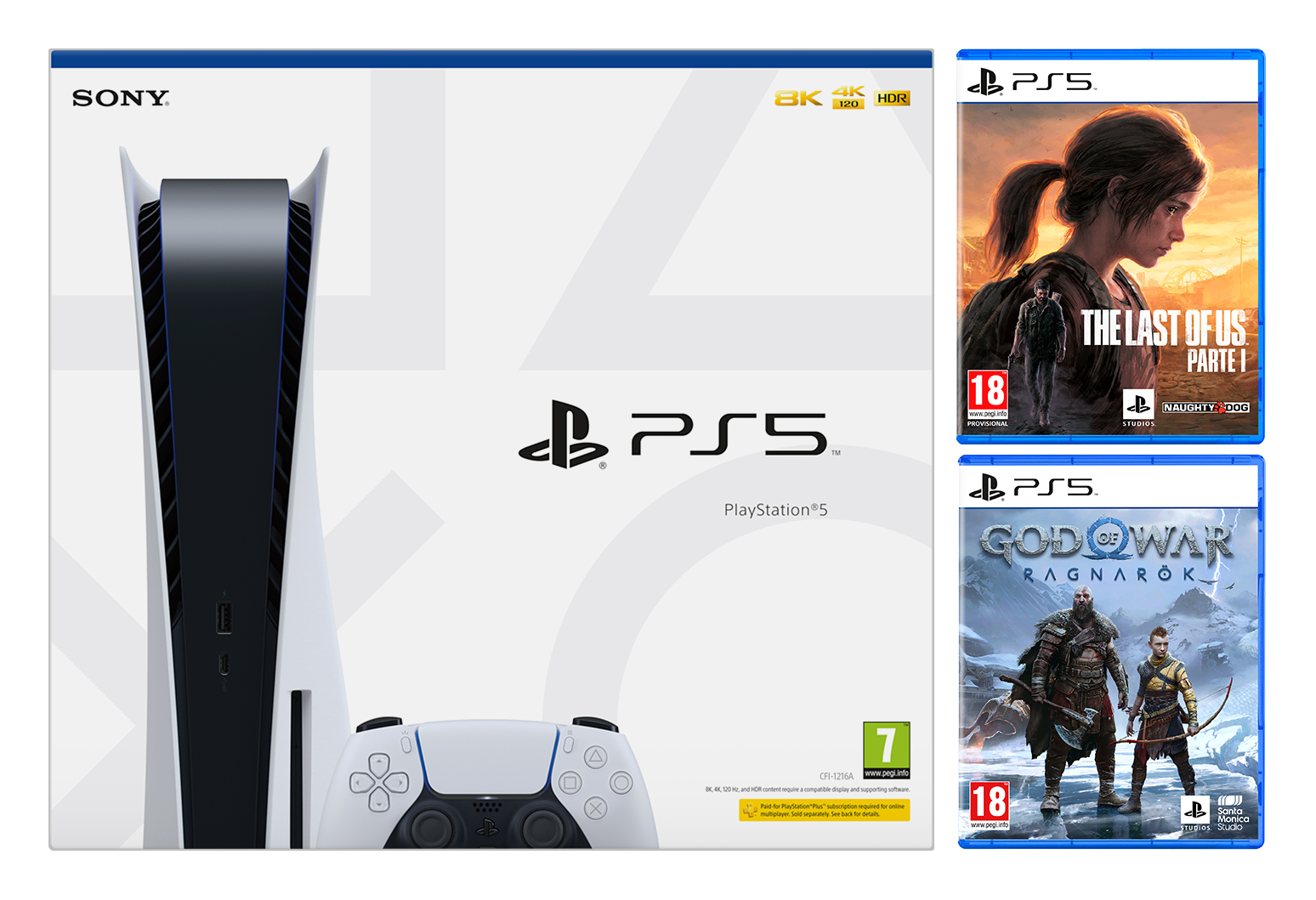 Consola PlayStation 5, mando y dos cajas de juegos: 'The Last of Us' y 'God of War'.