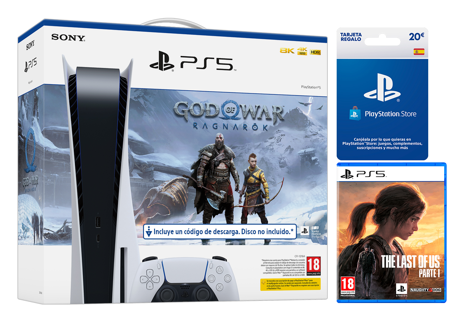 Set de caja de PlayStation 5 con juego, tarjeta de regalo y mando.
