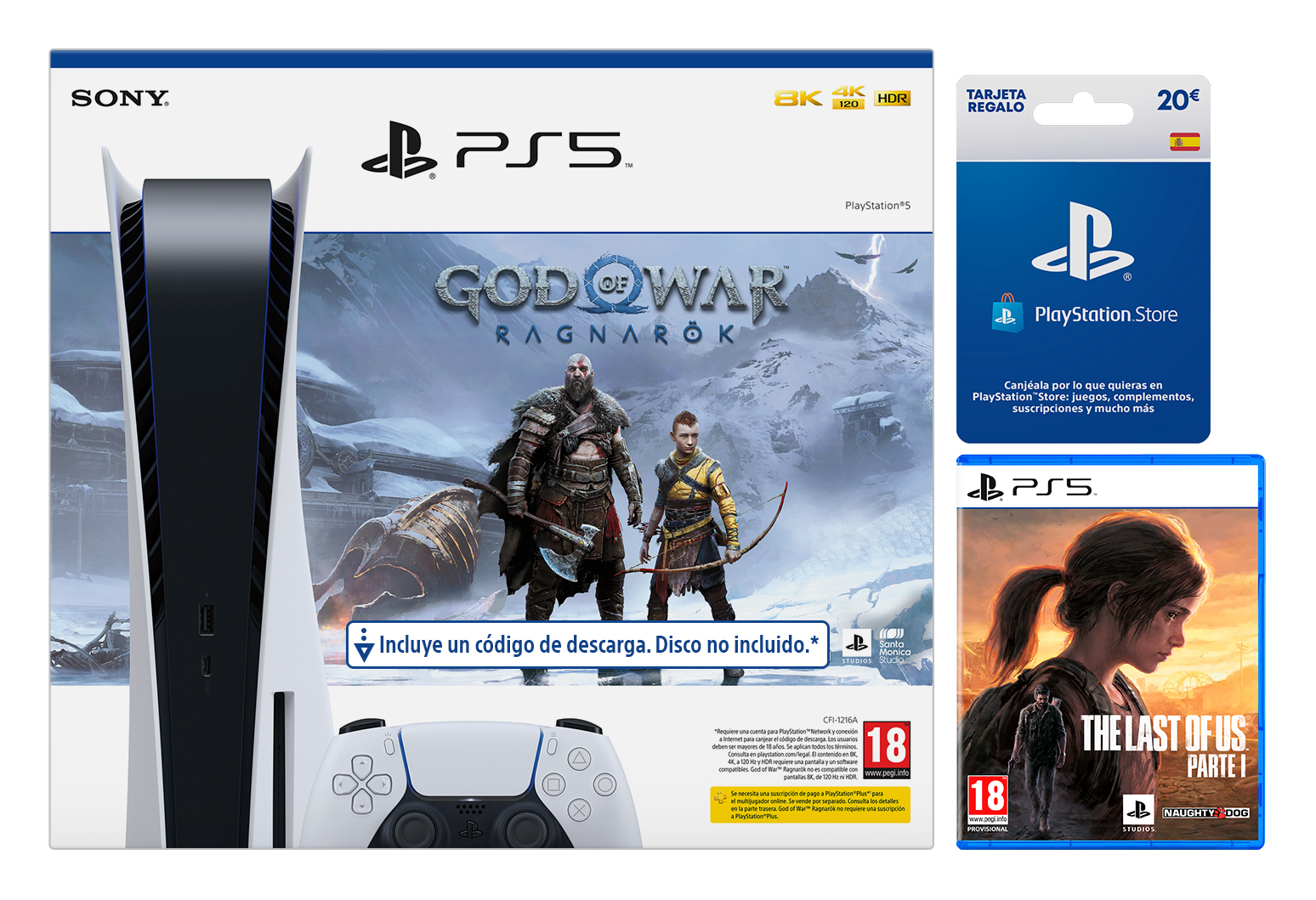 Consola - Sony PS5 Stand C, 825GB, 4K, Blanco + Juego God Of War: Ragnarok (código descarga) + Juego The Last Of Us: Parte 1 + Tarjeta 20€ PS Store
