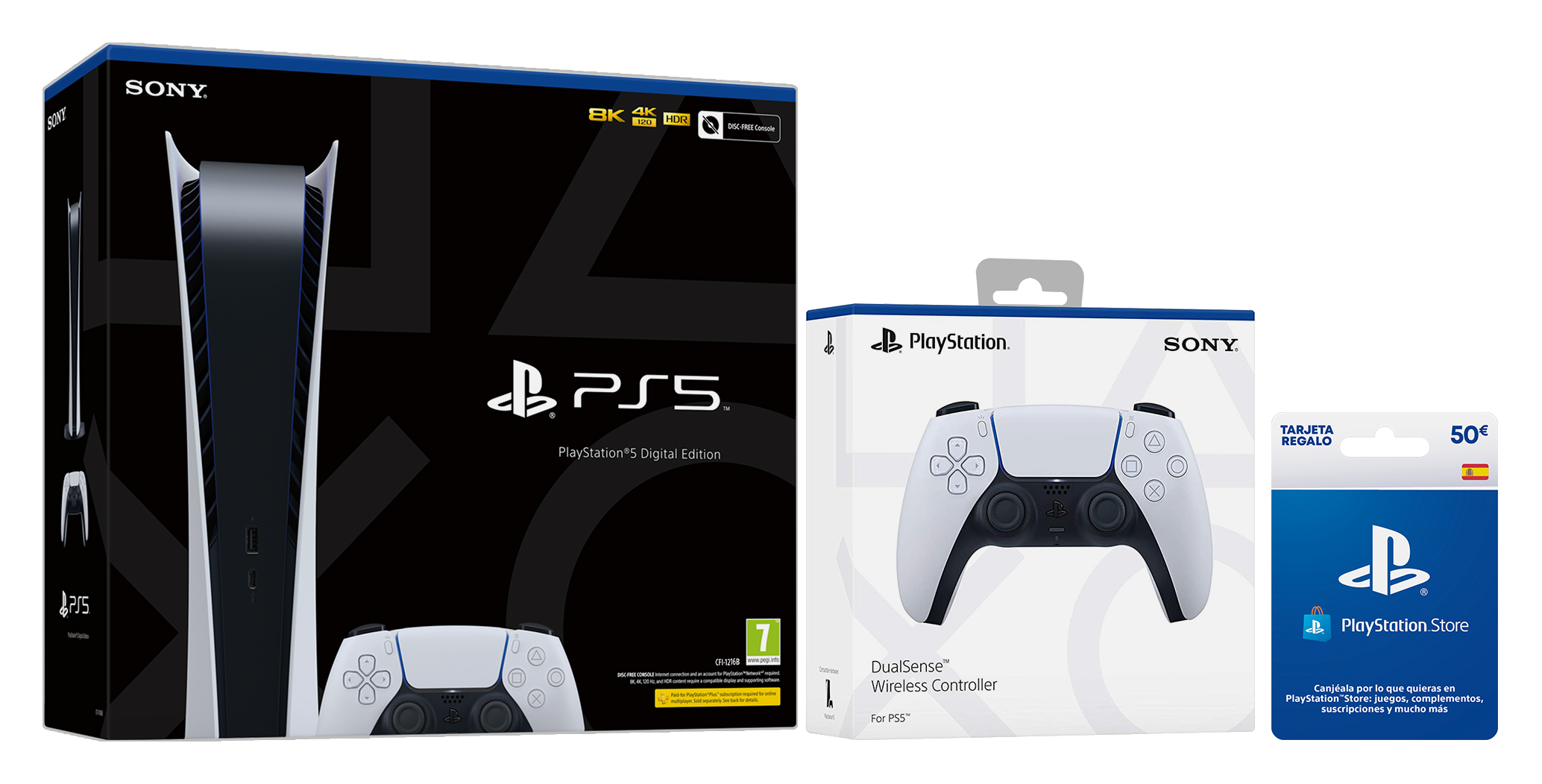 PS5 Digital Edition, mando y tarjeta regalo. Todo en embalaje blanco y negro.