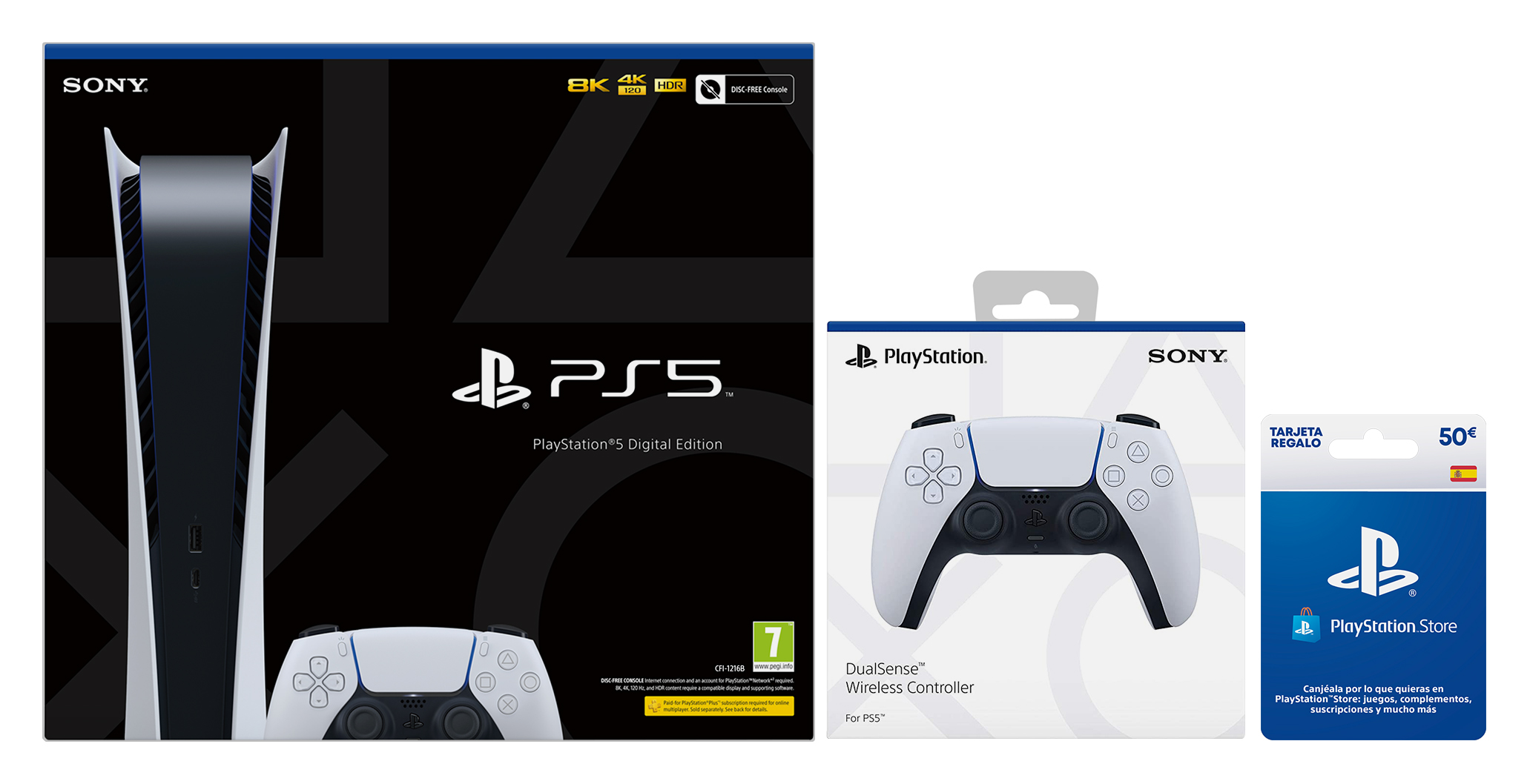 Caja de la consola PlayStation 5, caja del mando DualSense y tarjeta regalo PlayStation Store.