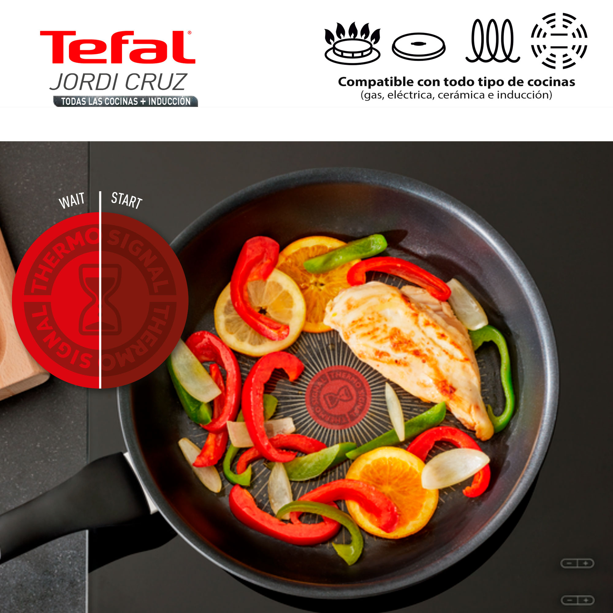 Sartén Tefal con pollo, verduras. Función Thermo-signal mostrada.
