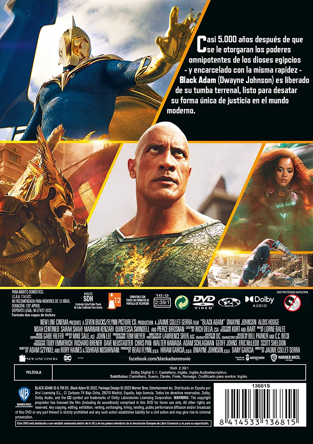 Portada del DVD de la película Black Adam con Dwayne Johnson. Texto en español describe la historia.