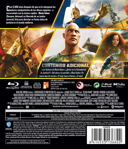 Parte trasera de una caja Blu-ray de Black Adam. La imagen de Dwayne Johnson está en la portada, con detalles de la película y logotipos.
