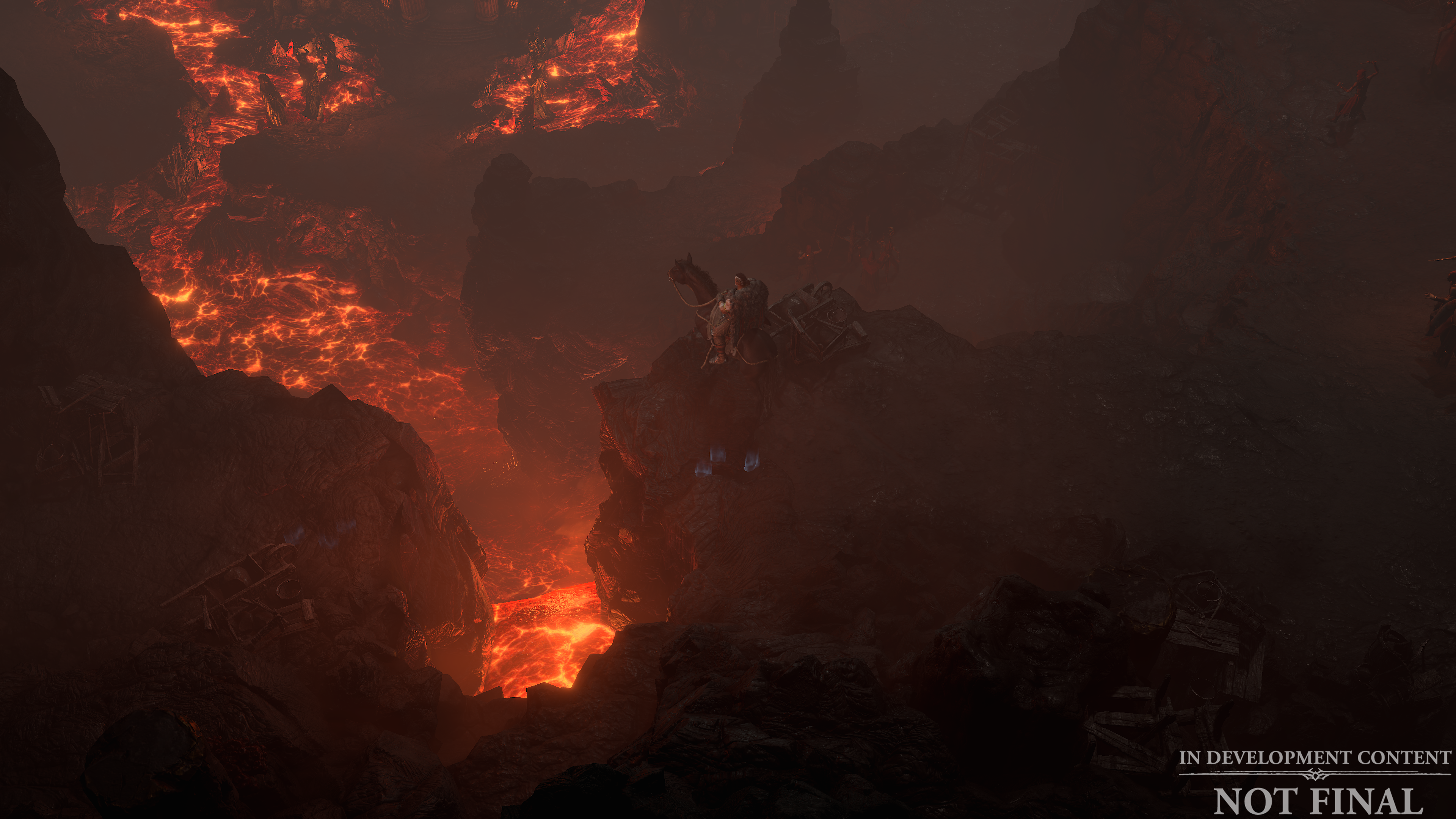 Eine digitale Kunstszene einer feurigen Landschaft. Lava fließt durch Canyons mit dunklen Felsformationen.