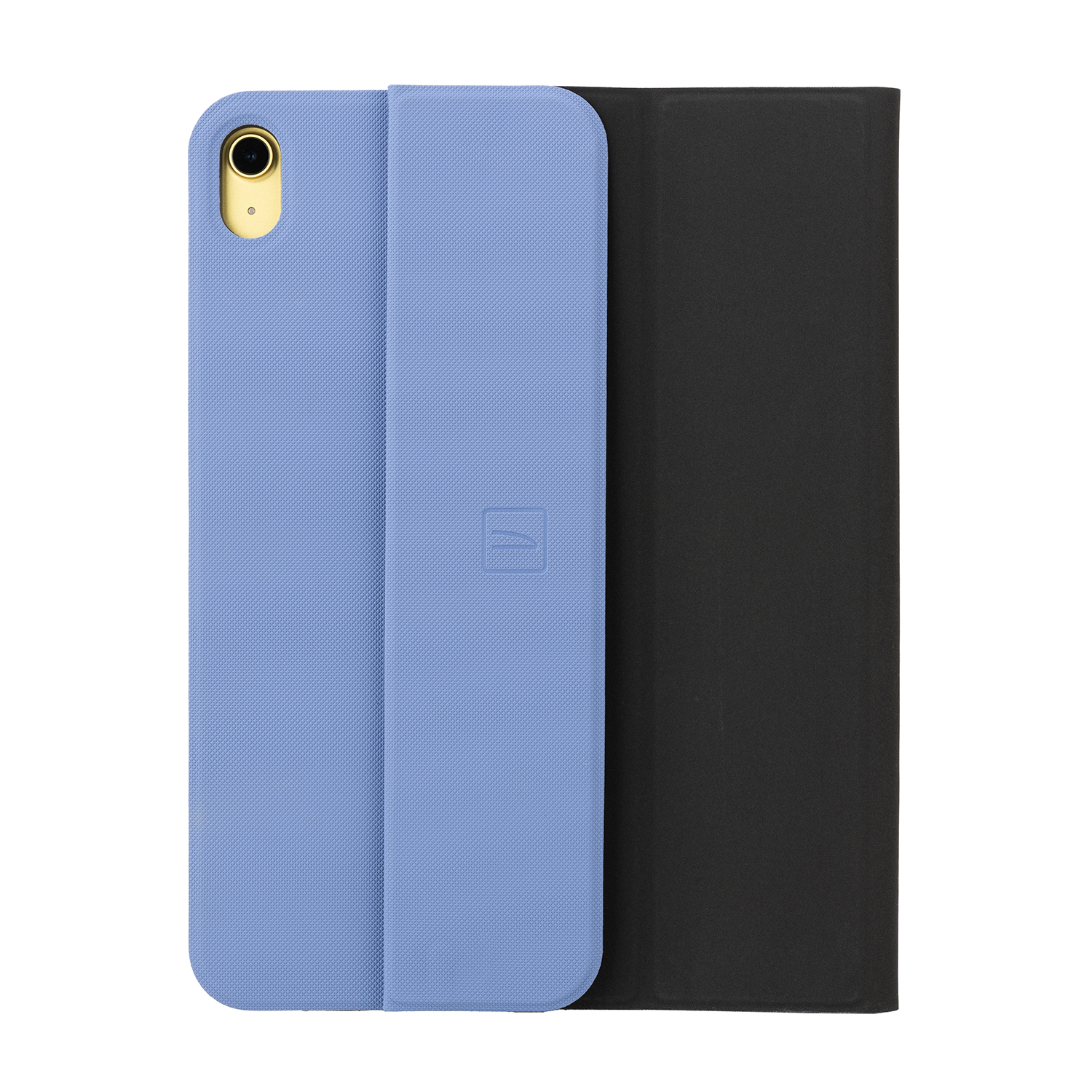 Una custodia per iPad Mini azzurra, aperta. Ha una cover strutturata azzurra e un interno nero.