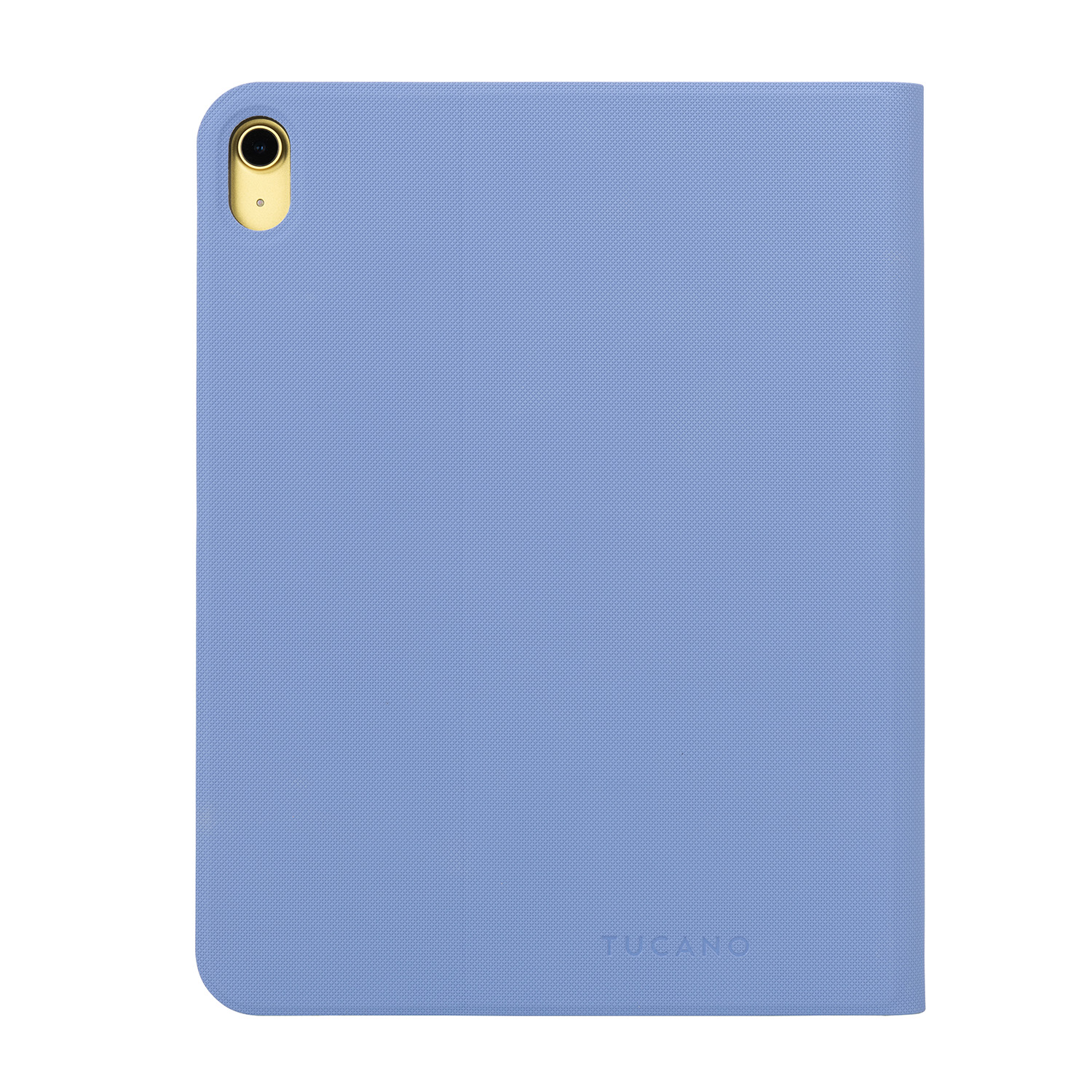 Custodia blu per iPad con ritaglio per fotocamera e nome del marchio.