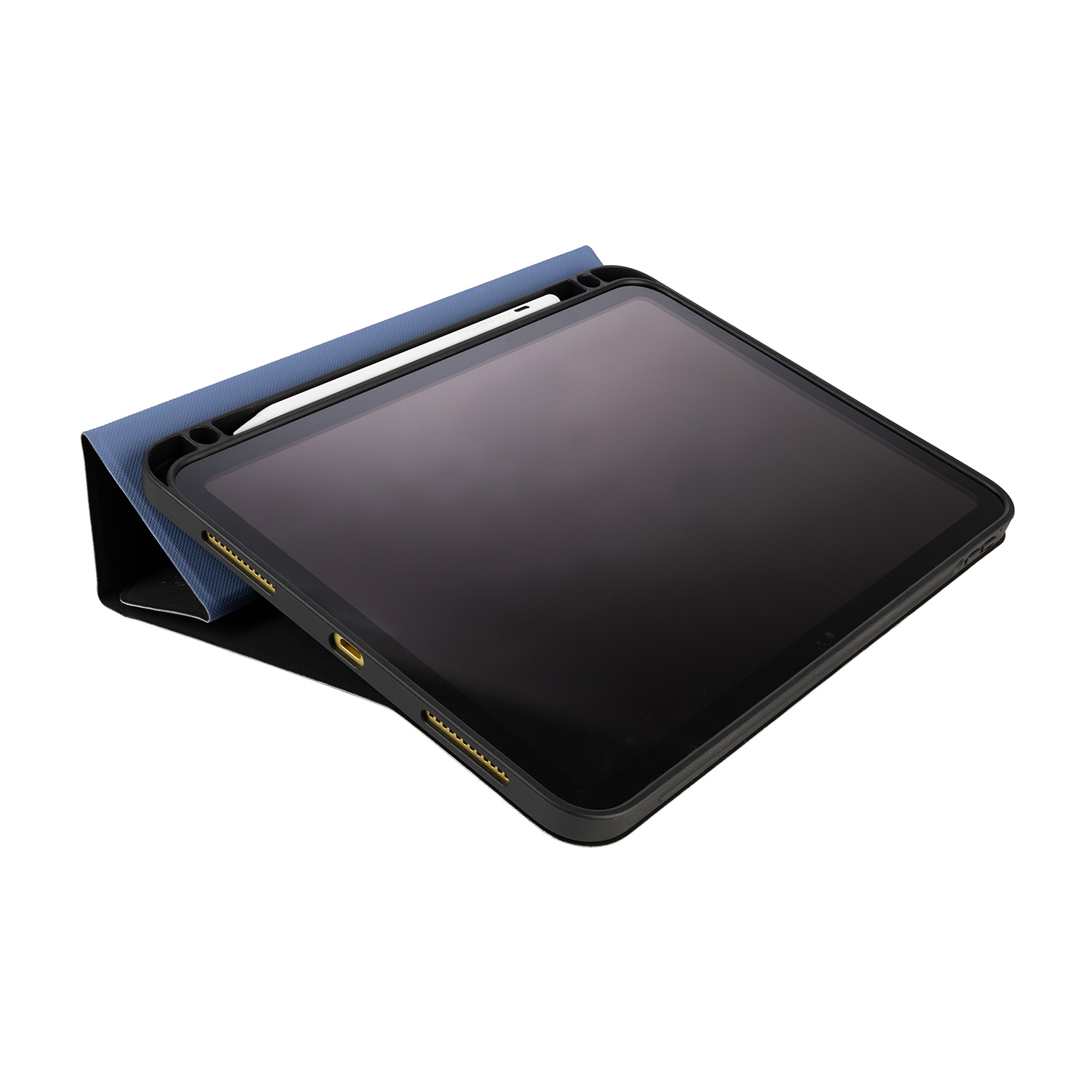 Tablet in una custodia con una penna. La custodia è blu e nera. Il tablet è nero.