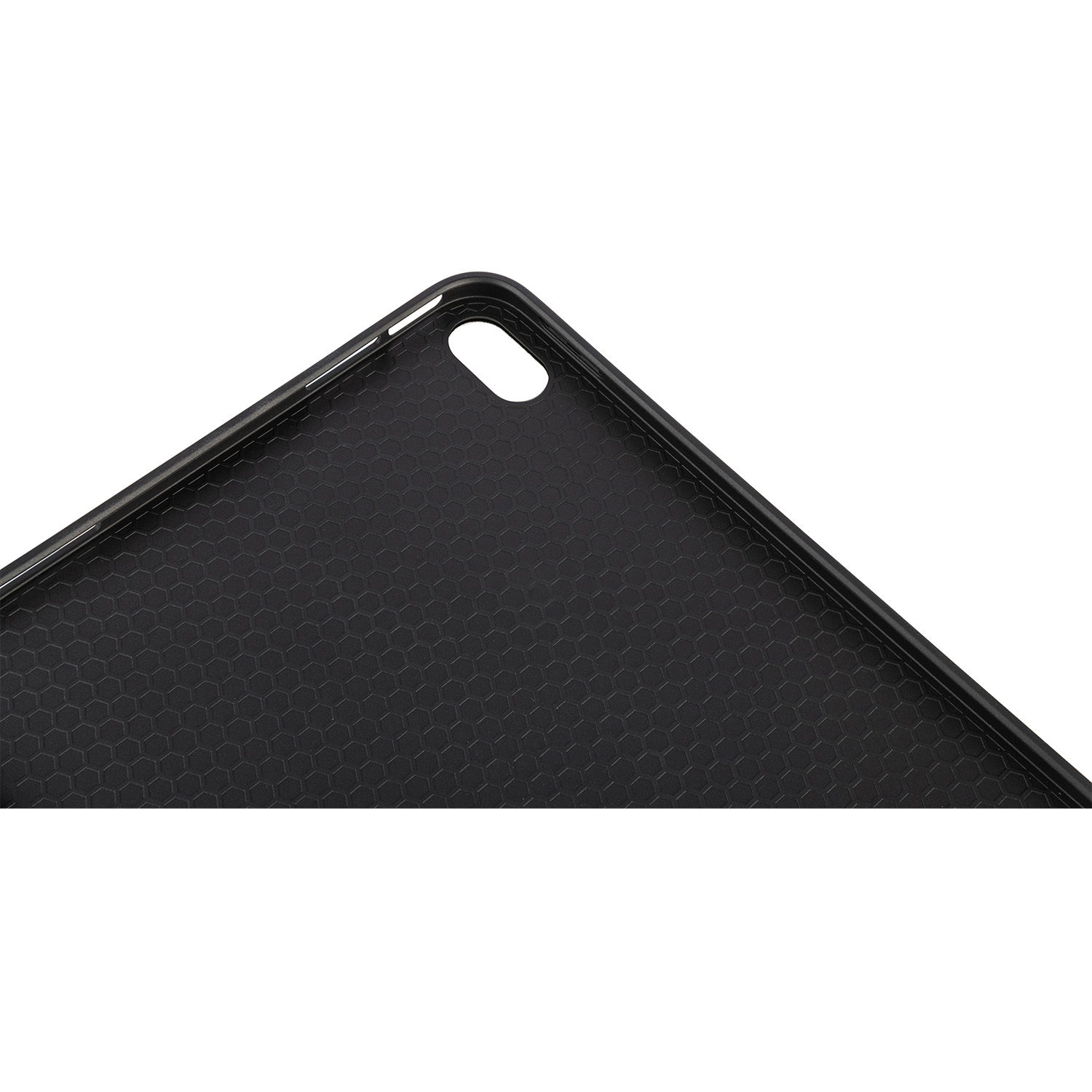Primo piano dell'interno di una custodia per tablet nera con texture a nido d'ape.