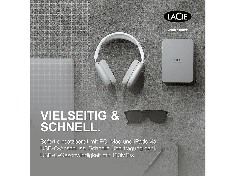 Thumbnail - LACIE Mobile Drive Festplatte, 2 TB HDD, 2,5 Zoll, extern, Moon Silver
