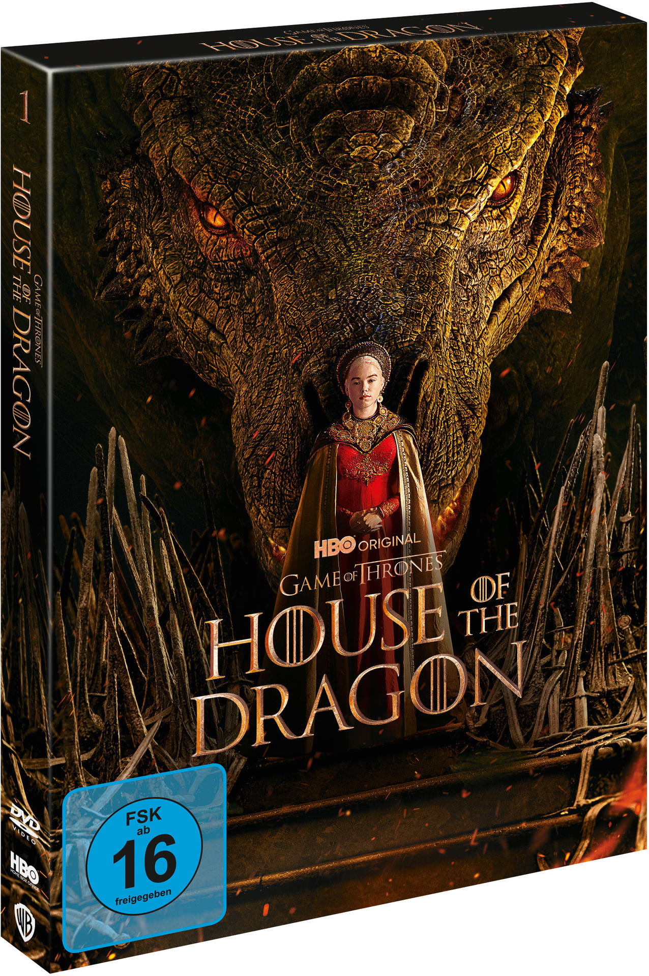 DVD-Box mit Drachen, Frau und dem Titel "House of the Dragon".