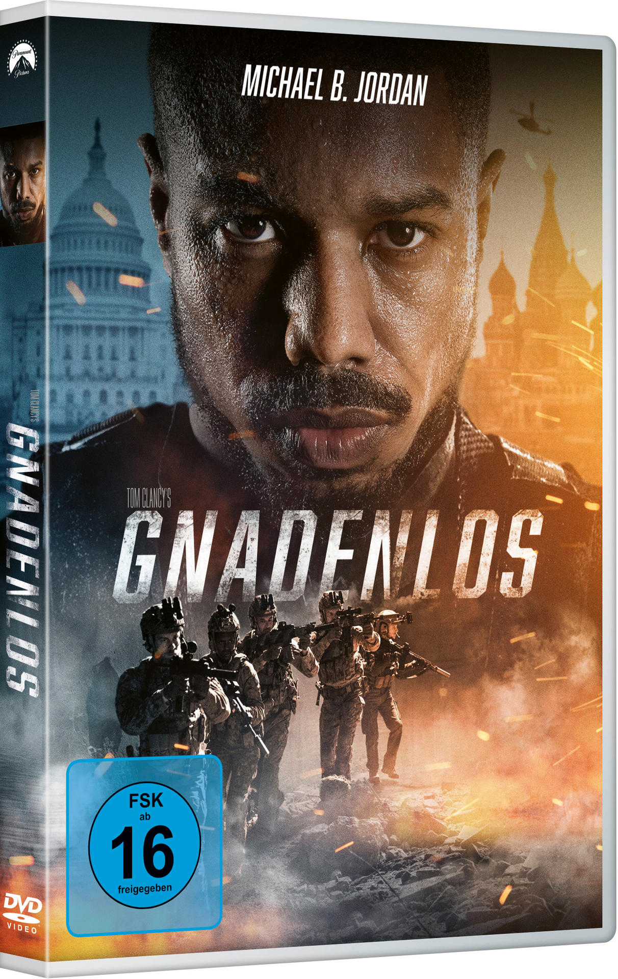 DVD-Hülle mit dem Film 'Gnadenlos' mit Michael B. Jordan und Soldaten.