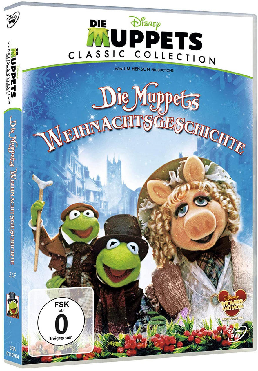 DVD-Hülle von Die Muppets Weihnachtserzählung, mit Kermit und Miss Piggy.