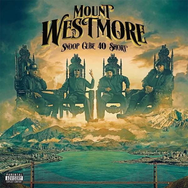 Album borítója négy férfival trónokon egy város felett, a címe Mount Westmore.