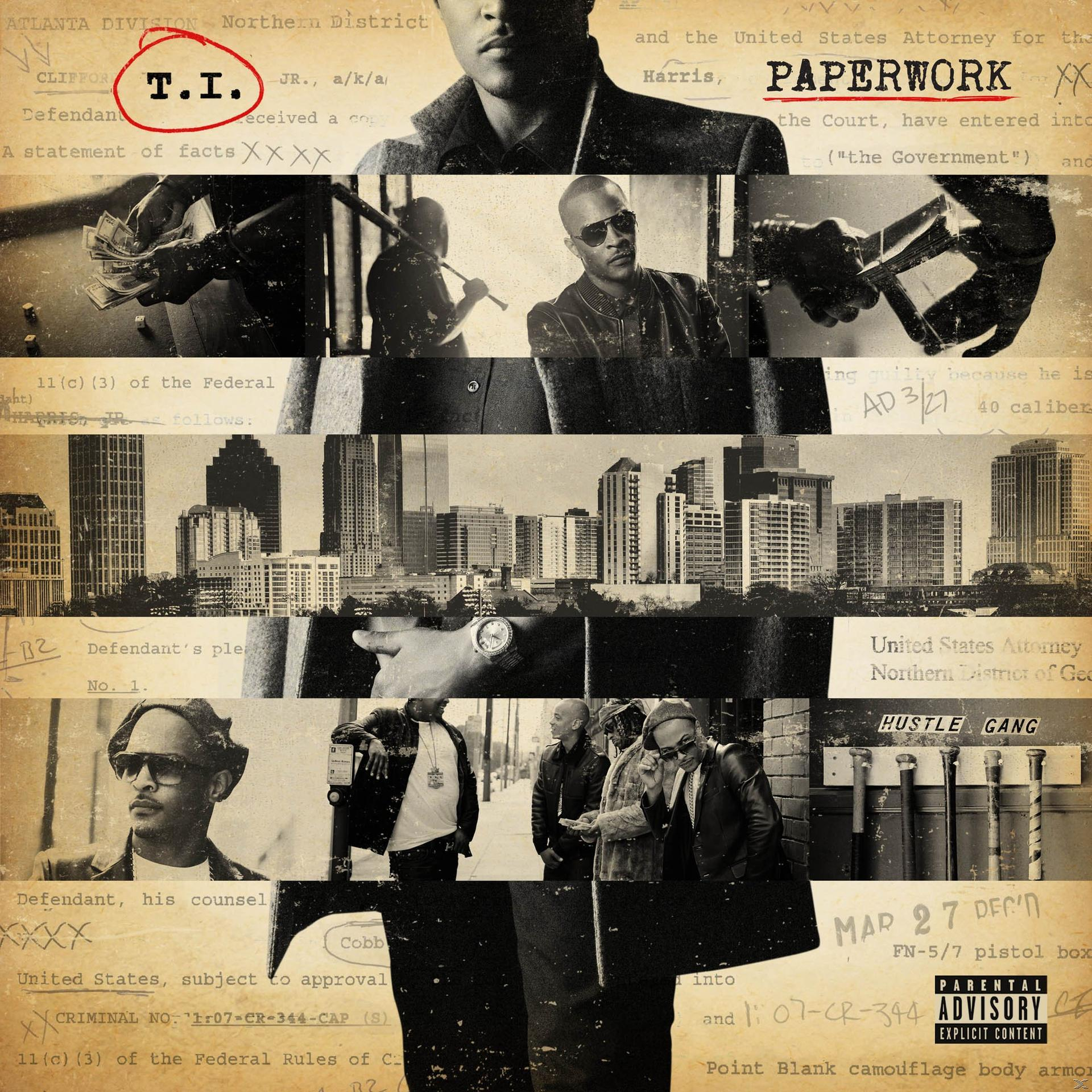 A 'Paperwork' album borítója T.I.-től. Kollázs, a művész több képével és szöveggel.
