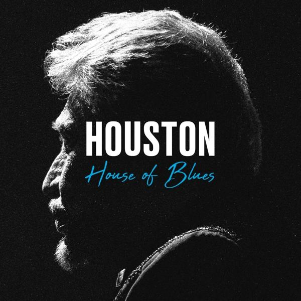 Férfi sziluettje, szöveg: Houston House of Blues. Fekete-fehér kép.