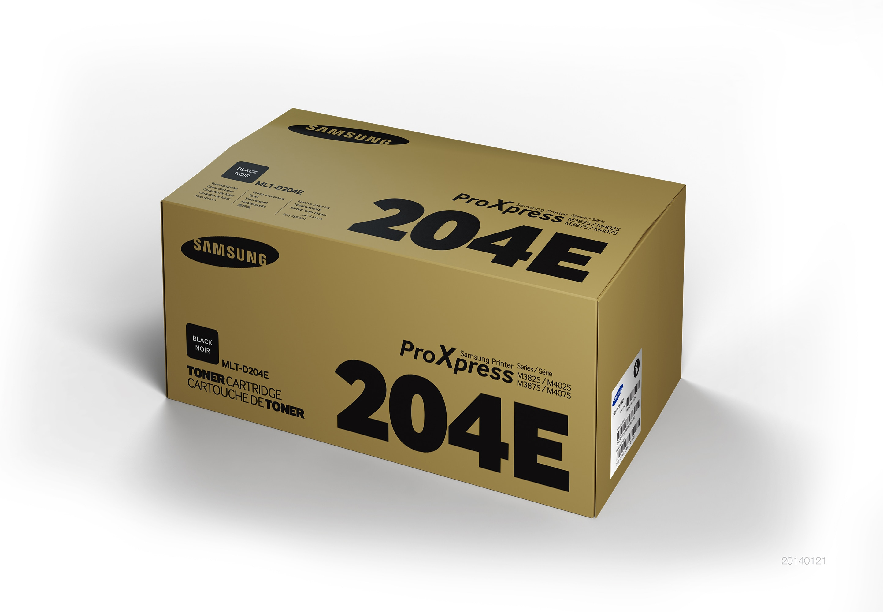Ein brauner Karton mit der Aufschrift 'SAMSUNG' und 'ProXpress 204E'.