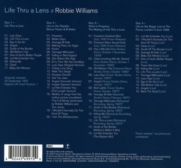 Albumcover mit Titeln für „Life thru a Lens“ von Robbie Williams. UMC-Logo unten.