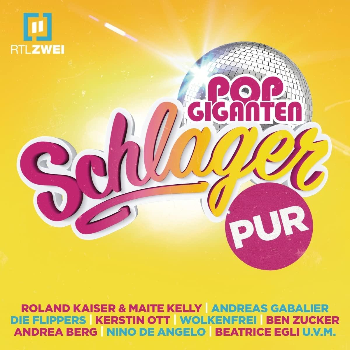 Poster mit 'Schlager Pur' Text, Discokugel Grafik und Künstlernamen auf gelb-orangem Hintergrund.