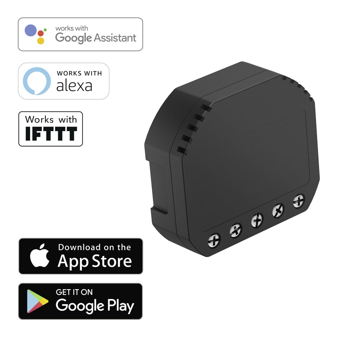 Schwarzes Smart-Home-Gerät mit Google Assistant-, Alexa- und IFTTT-Symbolen. App Store und Google Play Logos werden angezeigt.