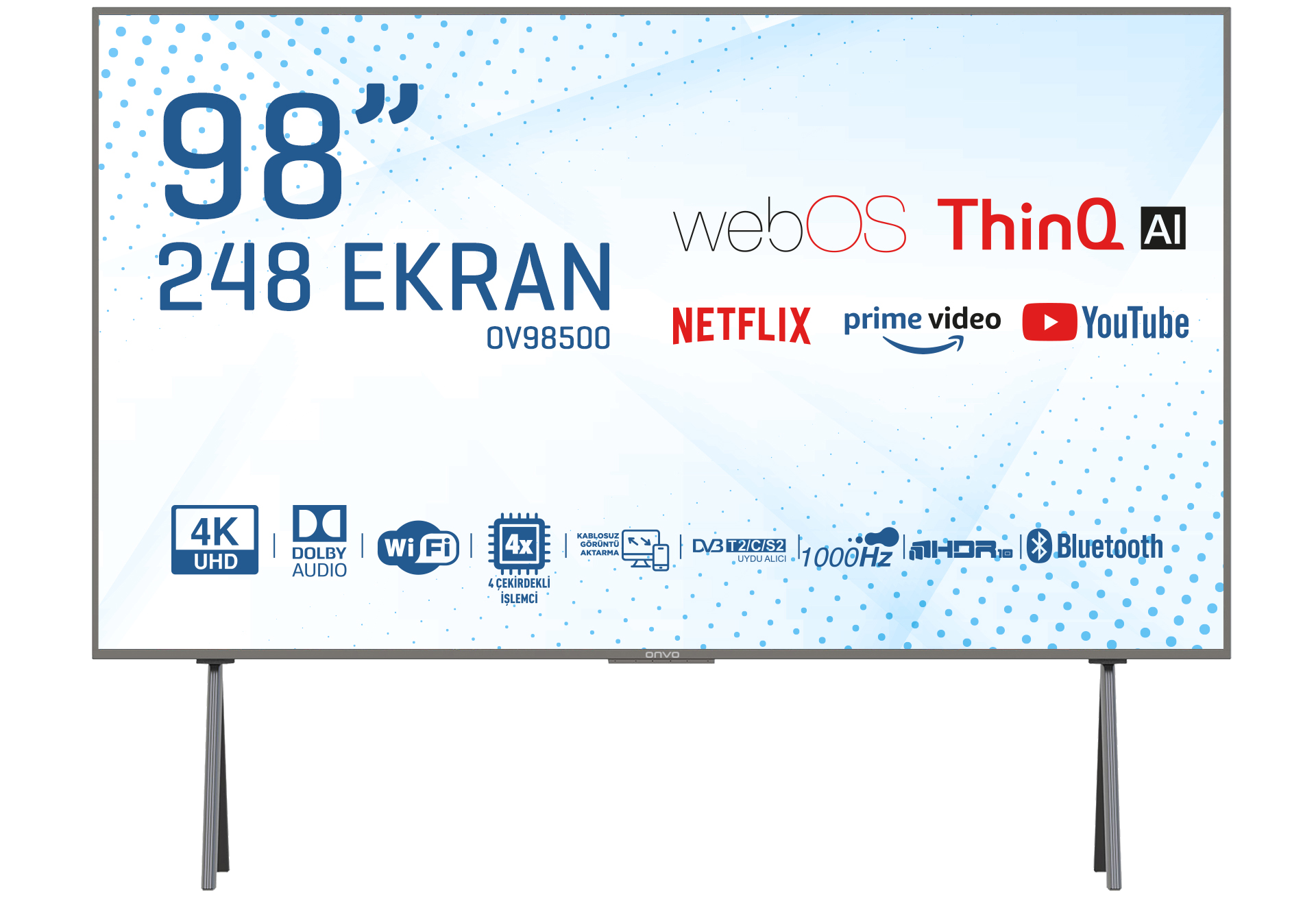 '98"', '4K UHD' gibi metinler ve Netflix, YouTube ve daha fazlasının logoları olan büyük bir TV ekranı.