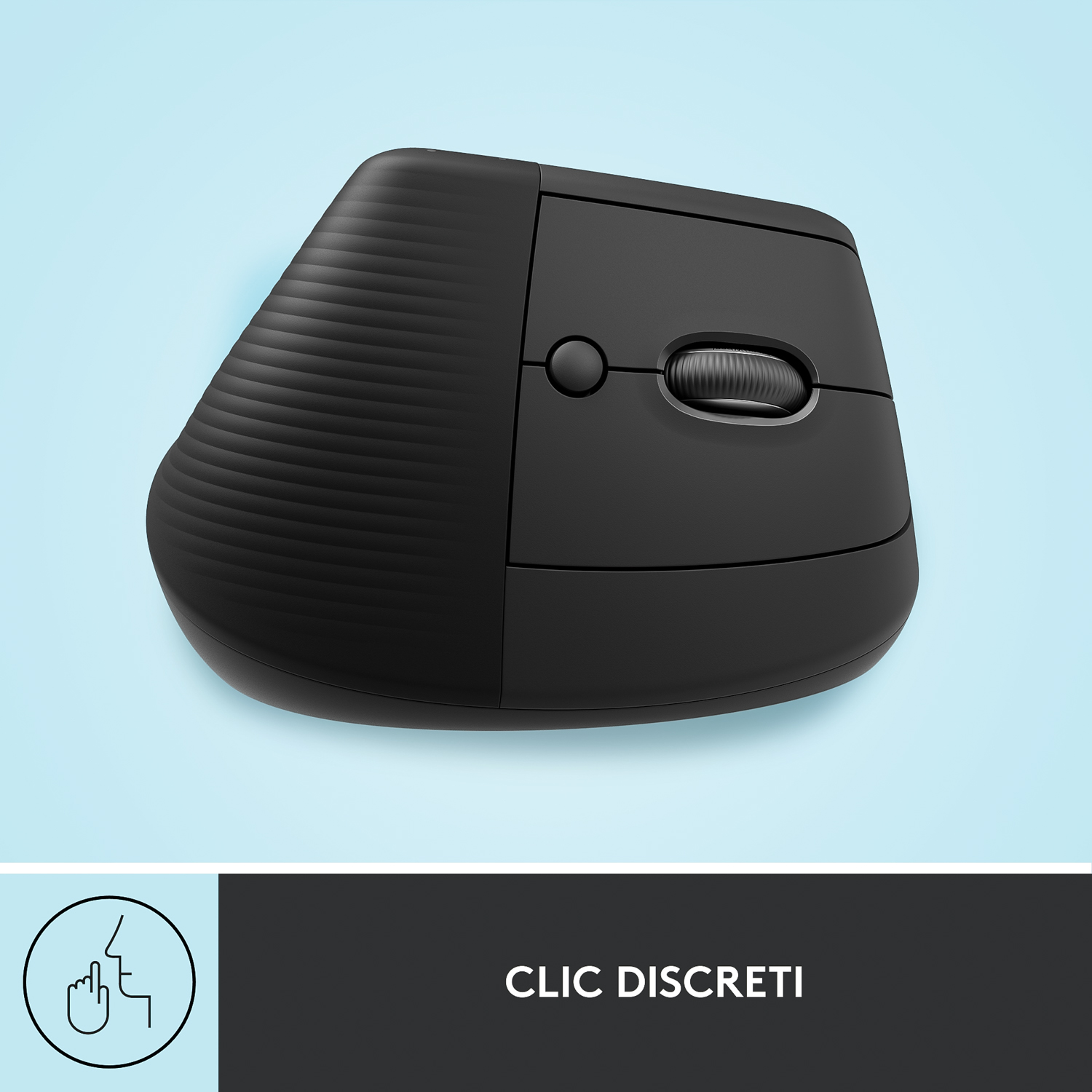 Mouse ergonomico nero. Ha una rotella di scorrimento e pulsanti.