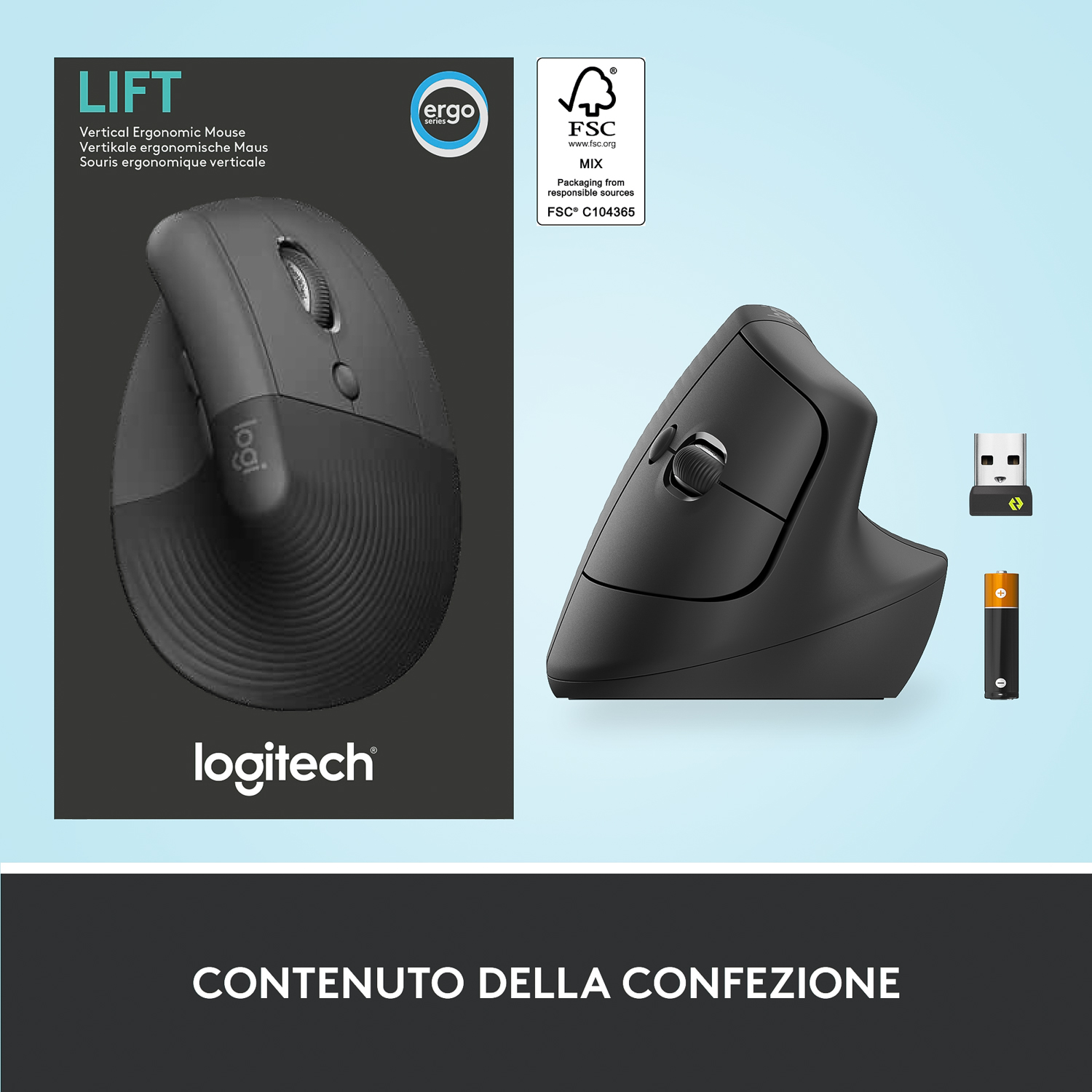Mouse ergonomico verticale nero con scatola, batteria e ricevitore USB su sfondo bianco.
