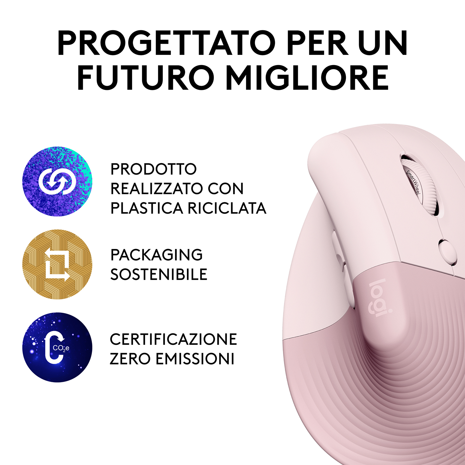 Mouse ergonomico rosa e bianco con testo sulla sostenibilità.