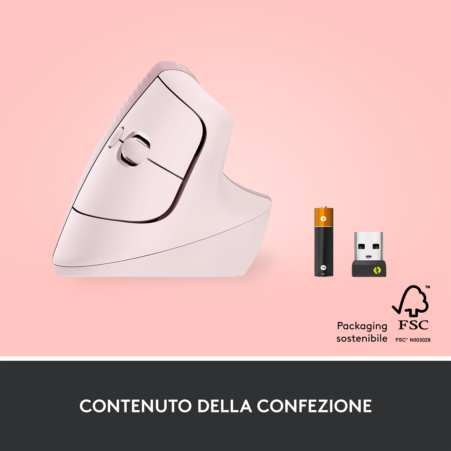 Un mouse ergonomico bianco, batterie e un ricevitore USB su sfondo rosa.