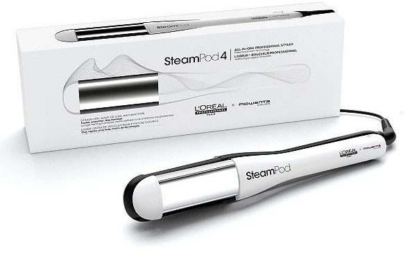 White box with a hair styling tool and the words 'SteamPod 4'.  White and black styler visible.