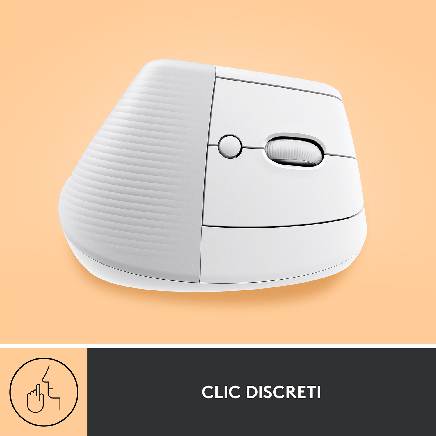 Mouse ergonomico bianco su sfondo arancione. Con pulsanti e rotella per comfort e precisione.