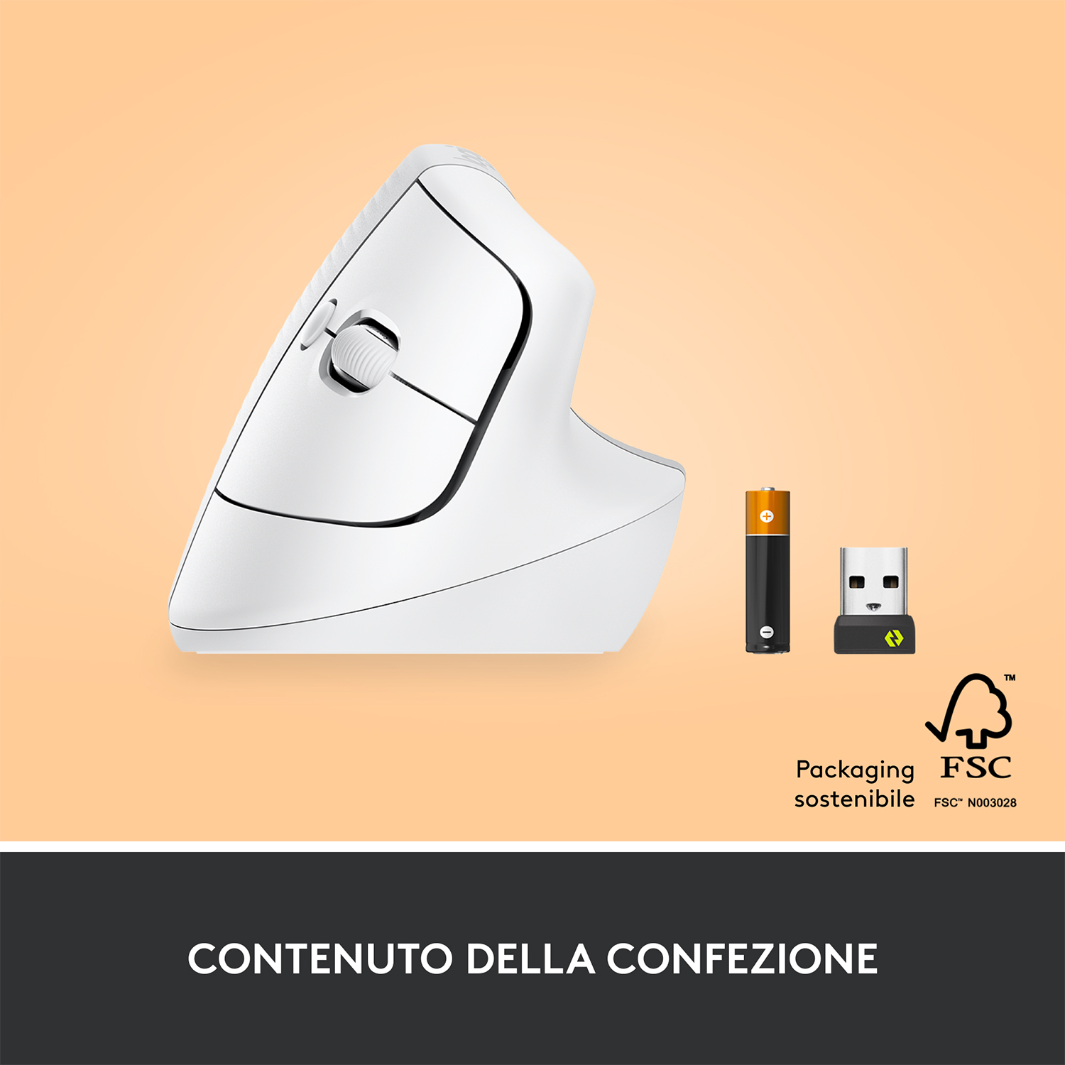 Mouse ergonomico bianco con batteria, ricevitore USB e testo 'CONTENUTO DELLA CONFEZIONE'.