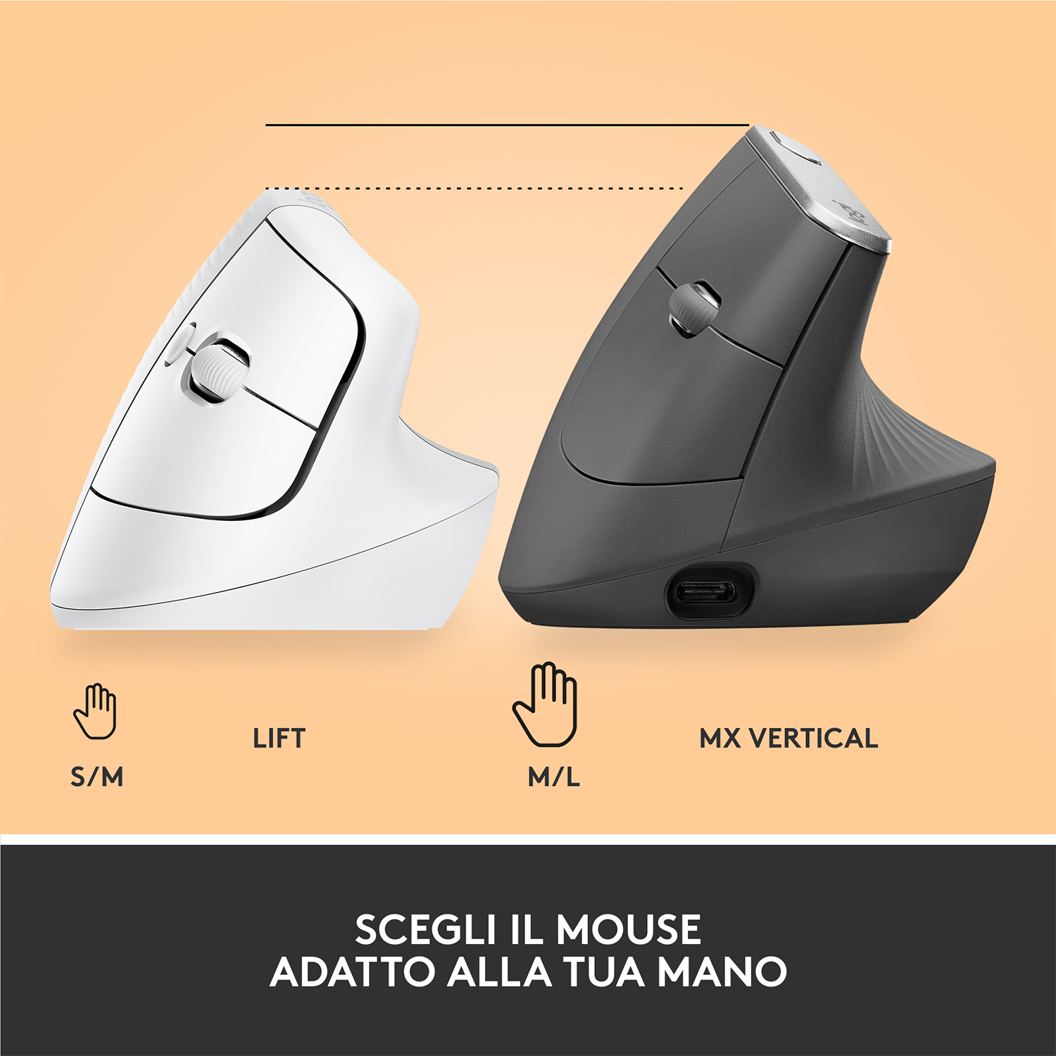Due mouse ergonomici, bianco e grigio scuro, uno accanto all'altro.