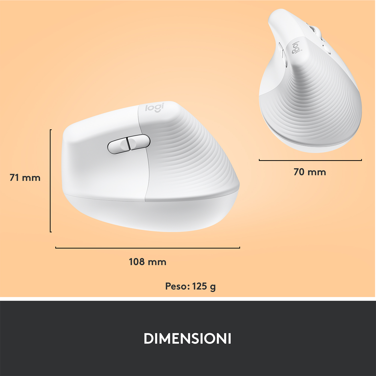Mouse ergonomico bianco con dimensioni e una vista del mouse dall'alto.